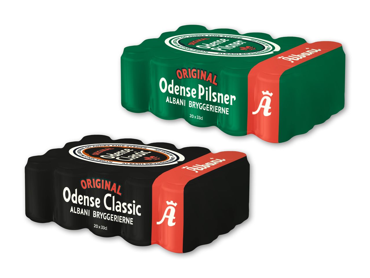 To pakker med 20 dåser øl, en grøn pilsner og en sort classic.