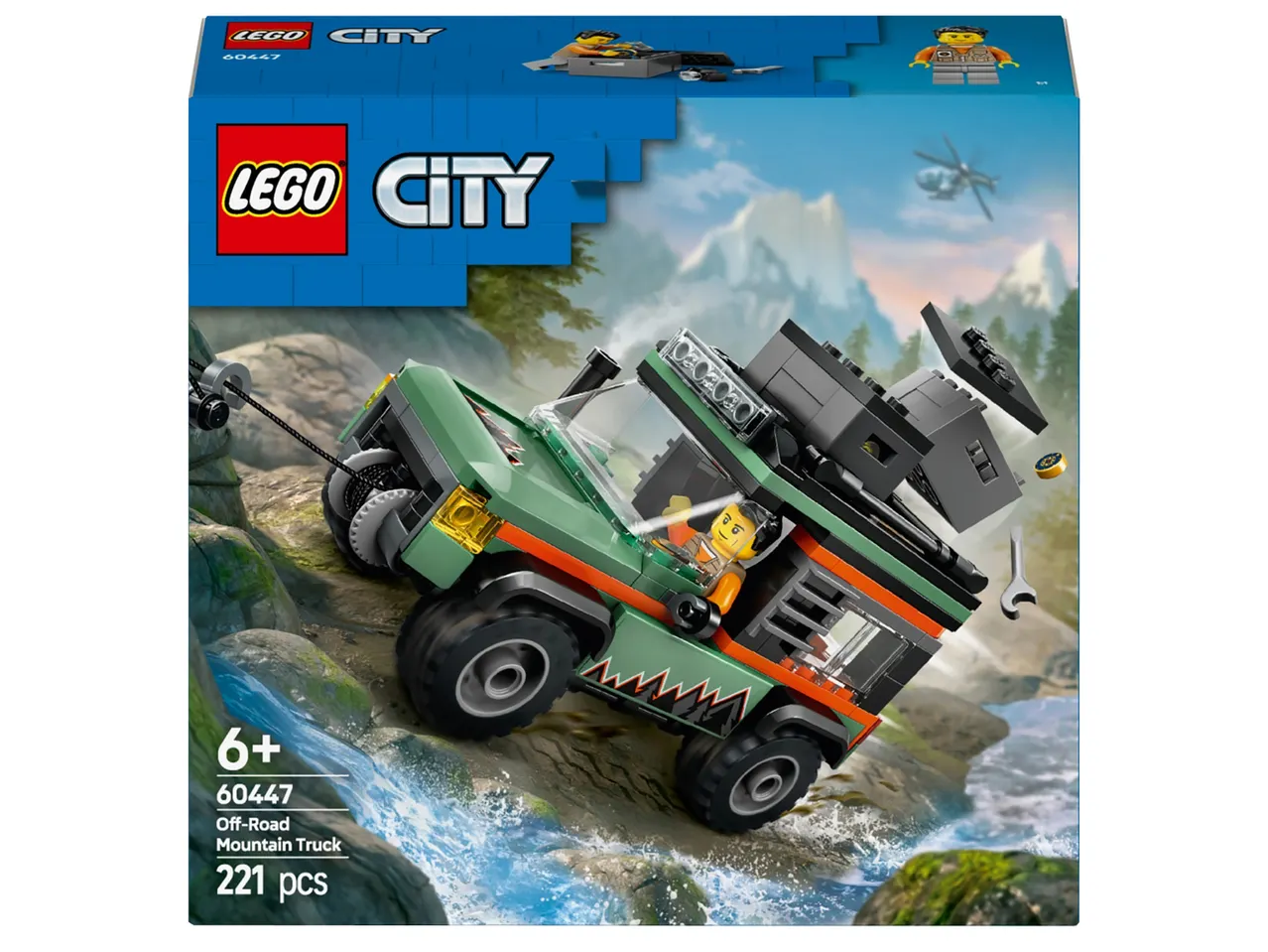 LEGO City 60447 Off-Road Mountain Truck, зелен джип с лебедка и фигурка на шофьор.
