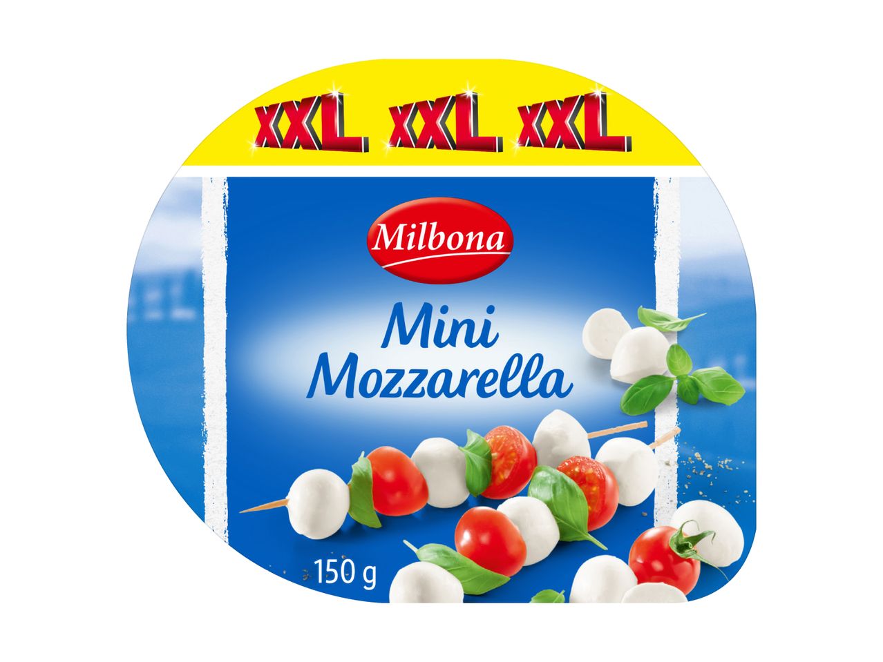 Milbona Mini Mozzarella Packung mit Mozzarella-, Kirschtomaten- und Basilikumspießen.