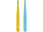Duas pinças para sobrancelhas Cien Beauty, uma amarela e uma azul.