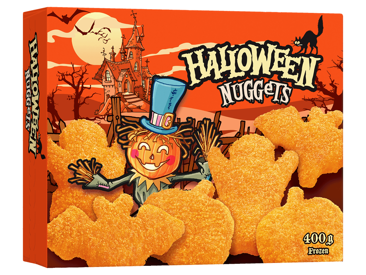 Halloween Nuggets fagyasztott panírozott falatkák sütőtök, szellem és denevér alakban.