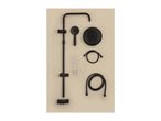 Black shower system components laid out, including a shower bar, shower heads, hoses, and mounting hardware.