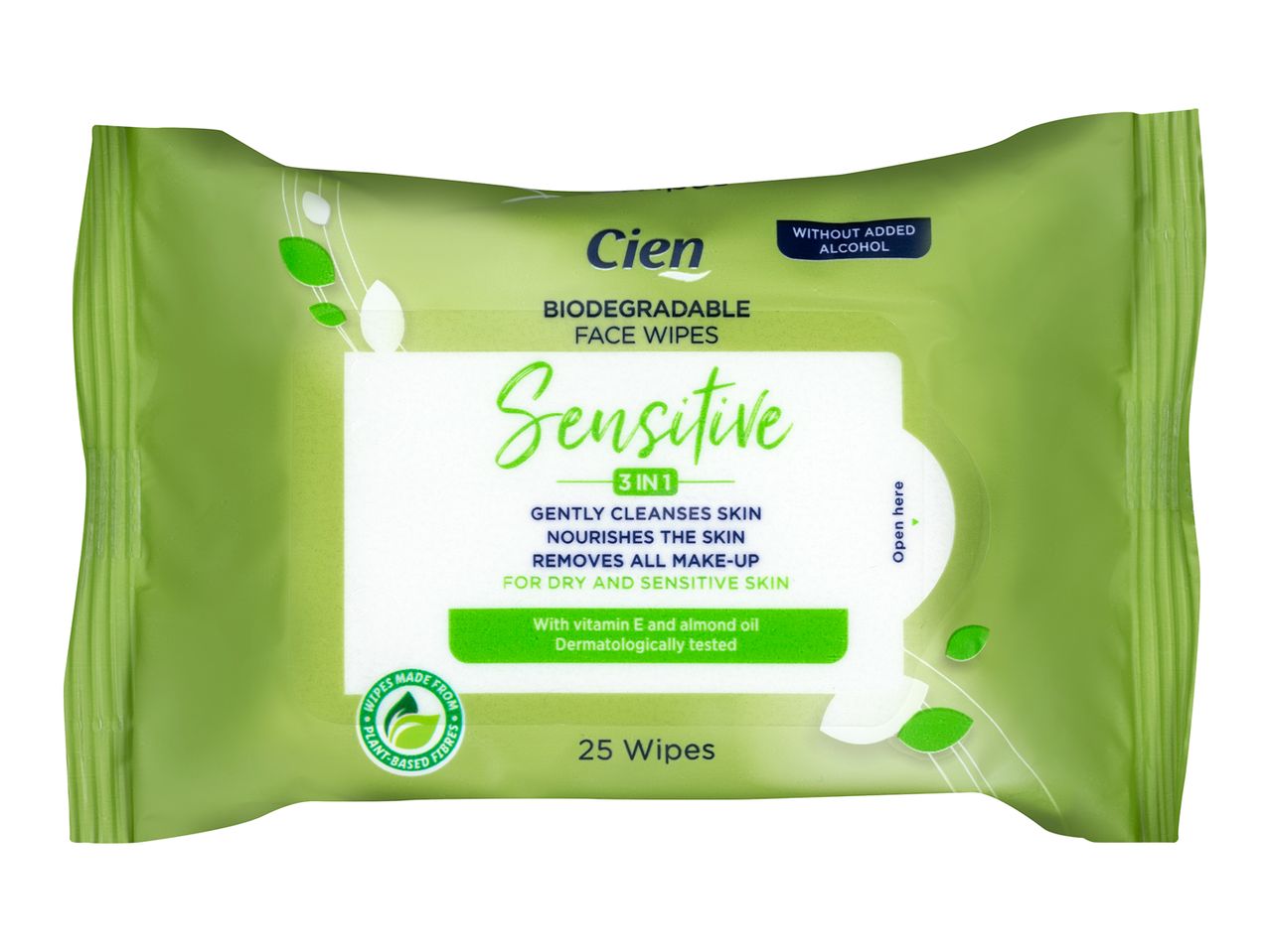 Cien Sensitive: 25 biodegradable face wipes, alcohol-free.