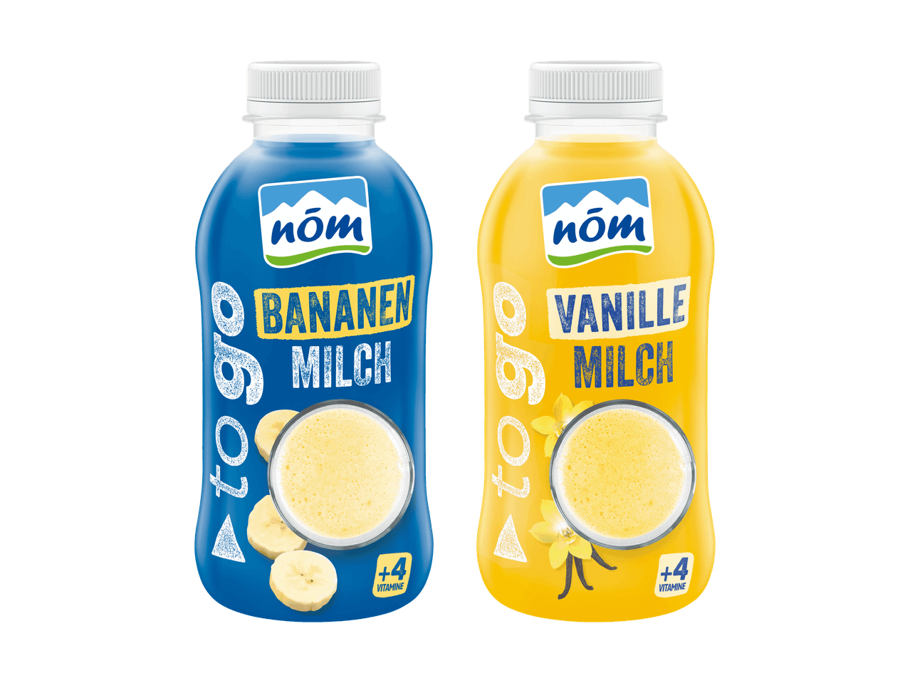 Zwei NOM Milch-Getränkeflaschen: Bananenmilch und Vanillemilch, jeweils mit 4 Vitaminen angereichert.