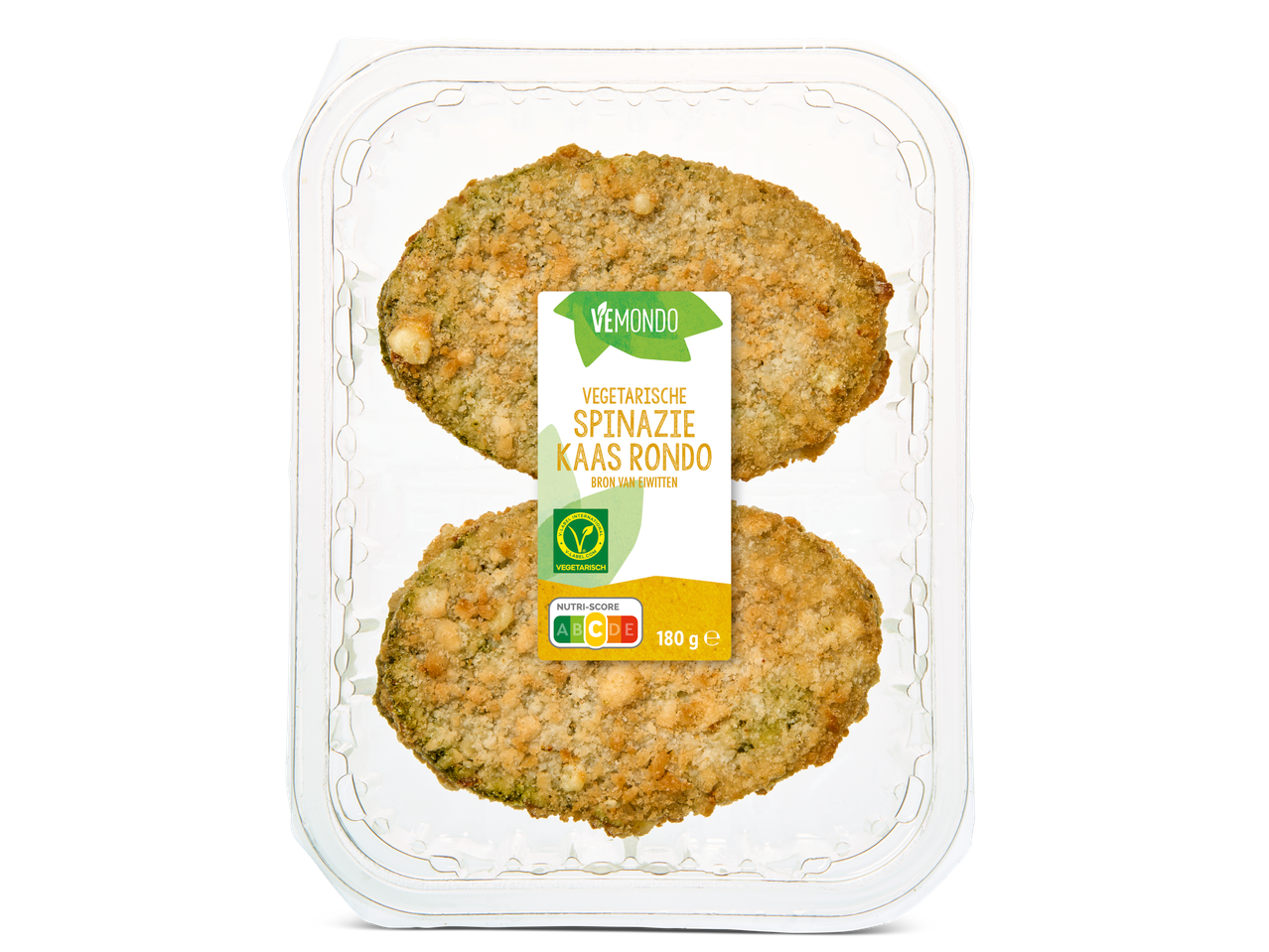 Twee Vemondo vegetarische spinazie-kaas burgers in een verpakking.