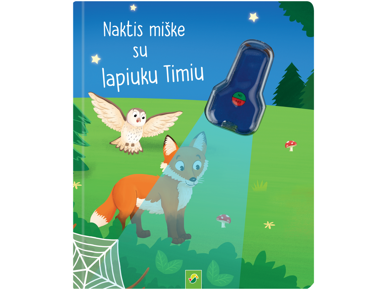 Knyga su žibintuvėliu, vaizduojanti lapę, pelėdą ir žvaigždes miške.