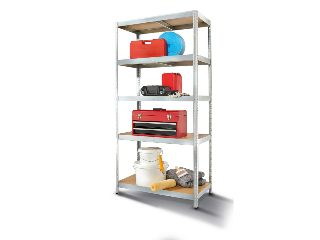 A metal shelving unit holds various tools and paint supplies, including red toolboxes and paint buckets.