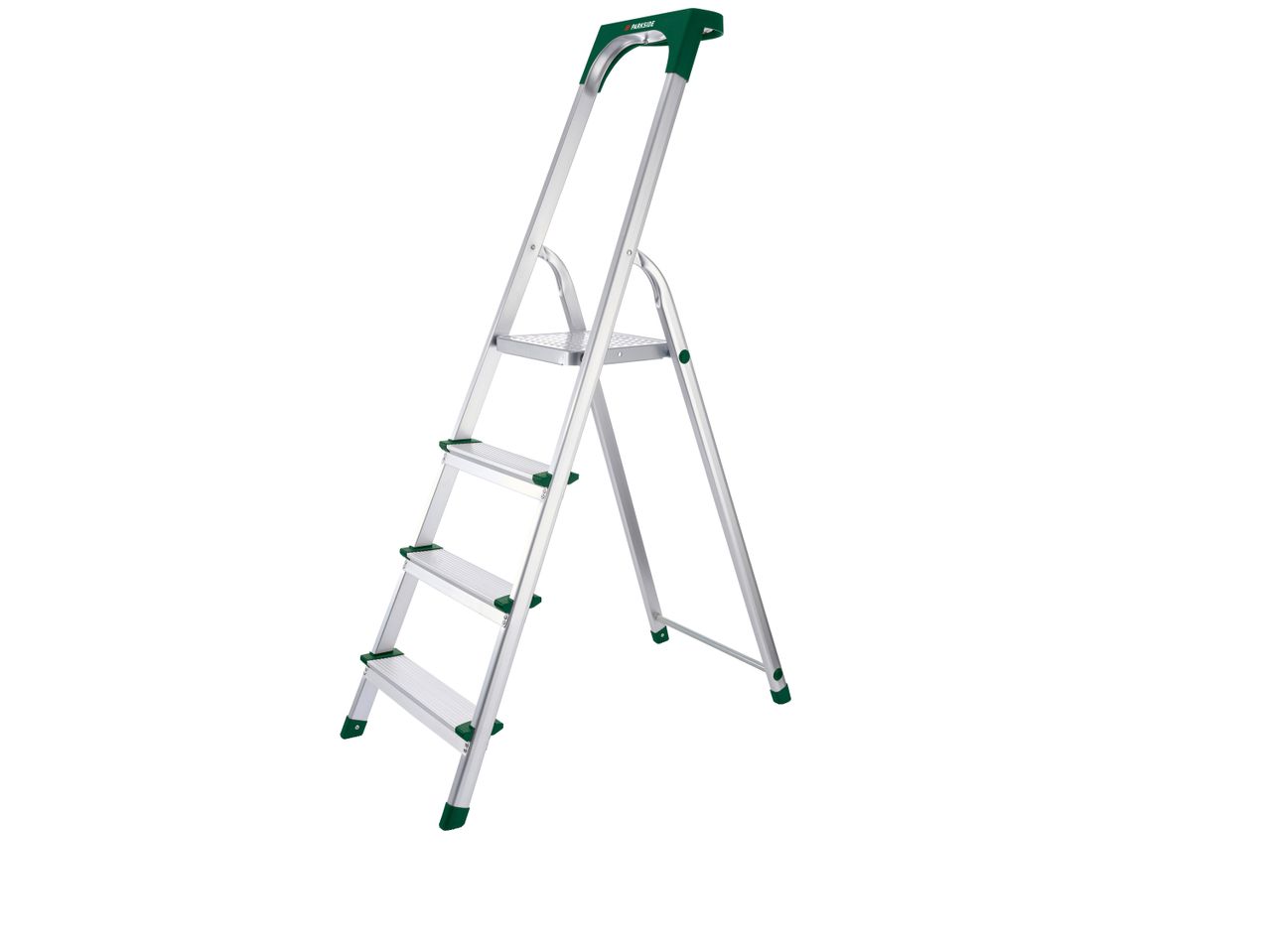 A four-step aluminum stepladder with a green handgrip.