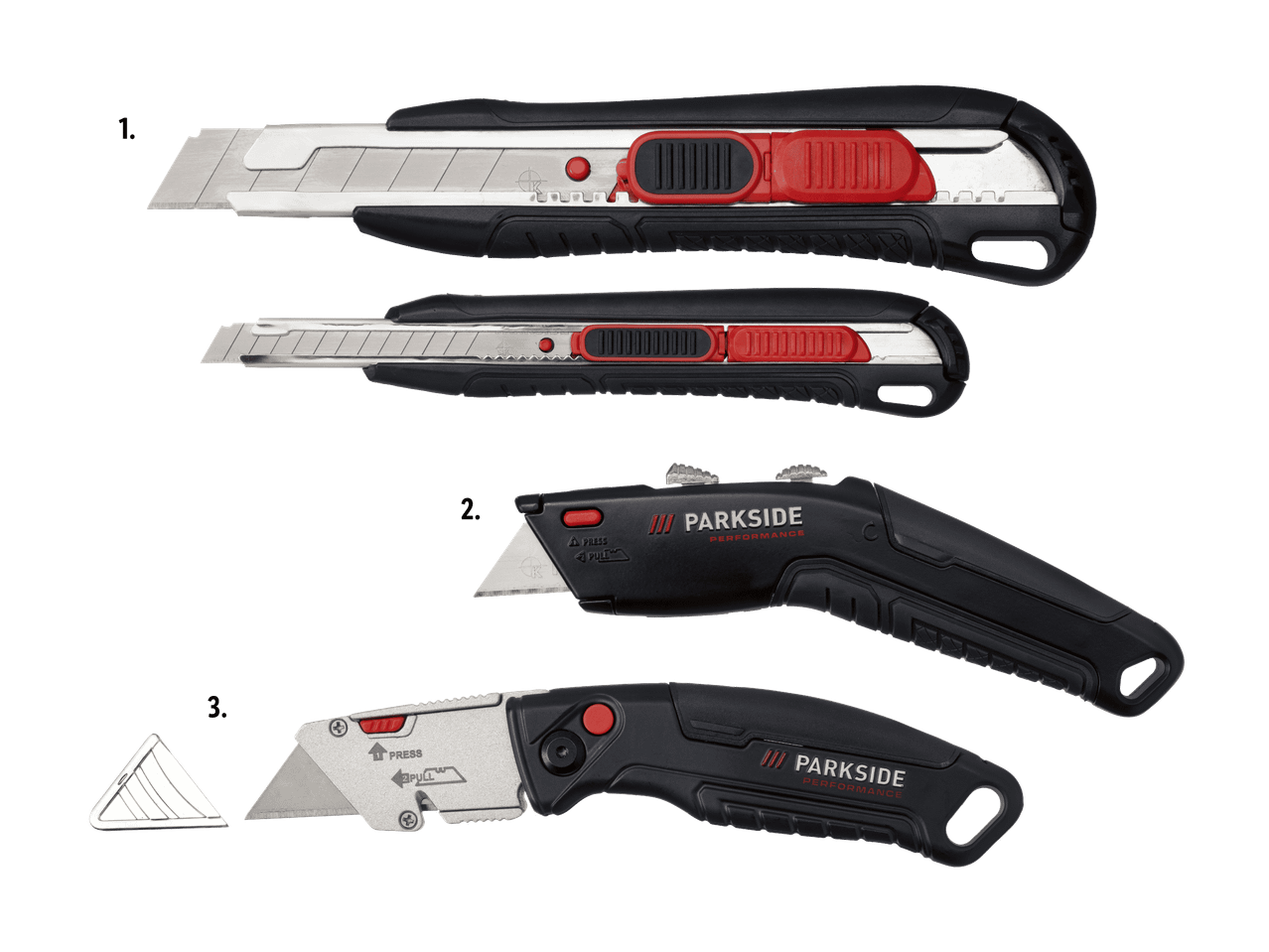 Trois cutters différents, deux avec lames sécables et un avec lames trapézoïdales.
