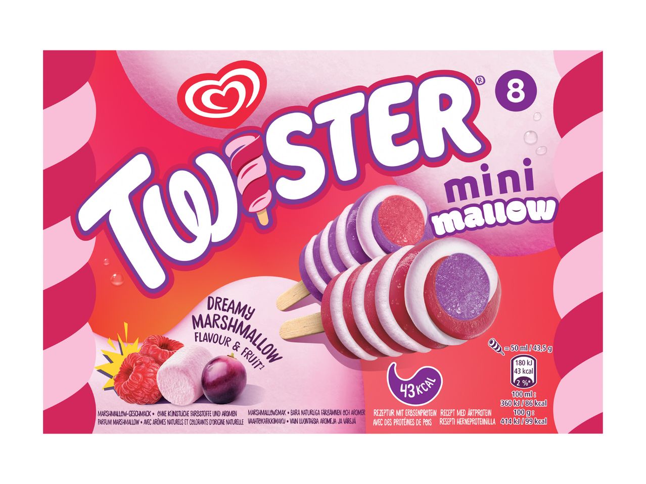 Twister Mini Mallow Eis am Stiel mit Marshmallow-Geschmack in 8er Packung.