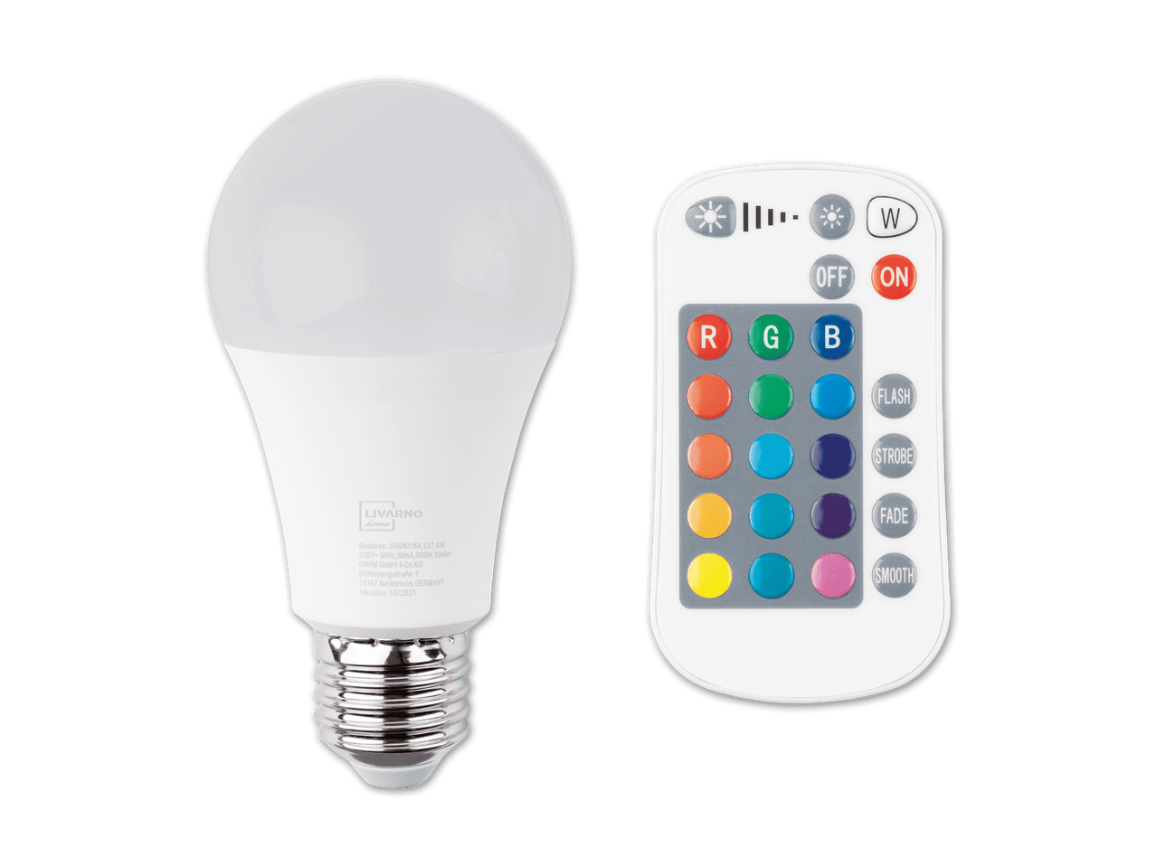 Eine weiße LED-Glühbirne mit Fernbedienung für RGB-Farben und verschiedene Modi.
