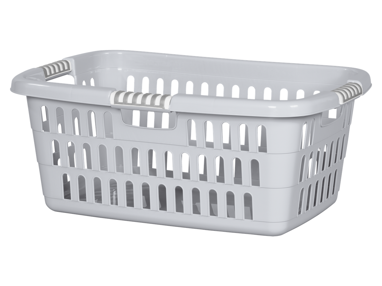 Light grey plastic laundry basket with handles, featuring a ventilated design.