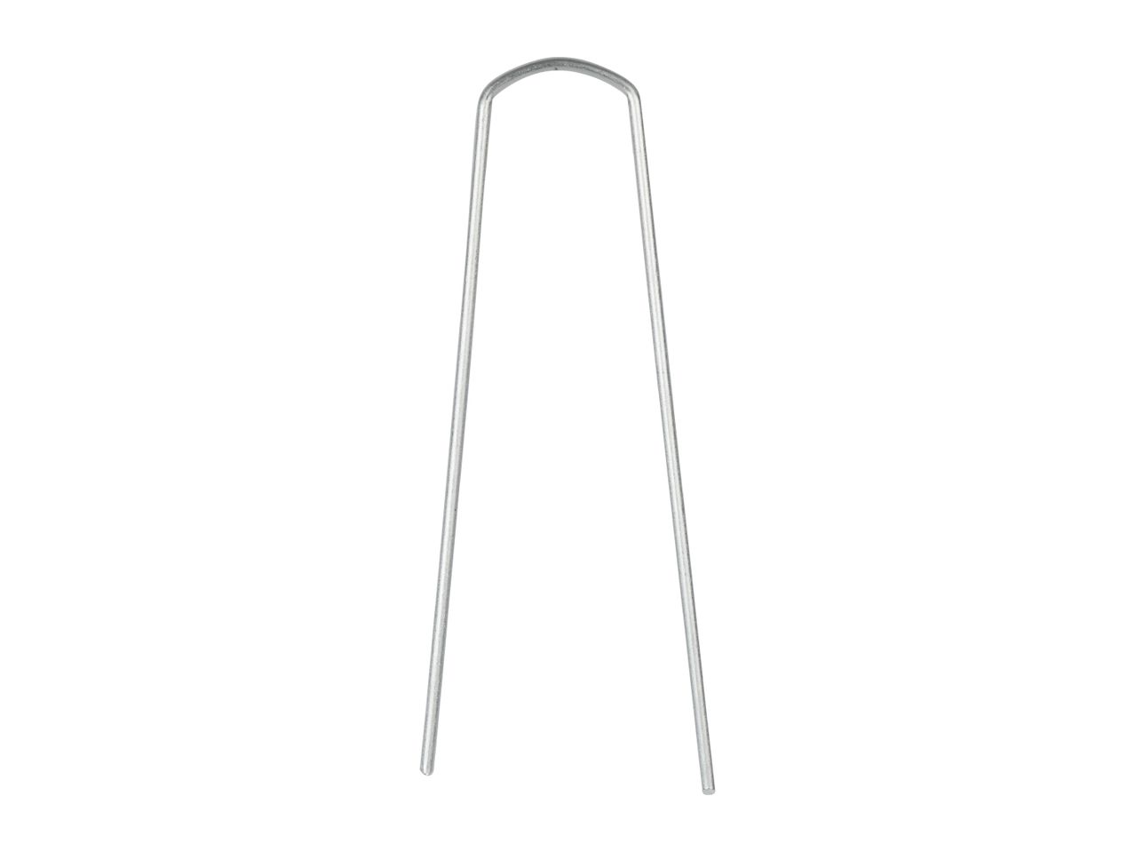 Metal U-shaped garden staple for securing ground cover or netting.