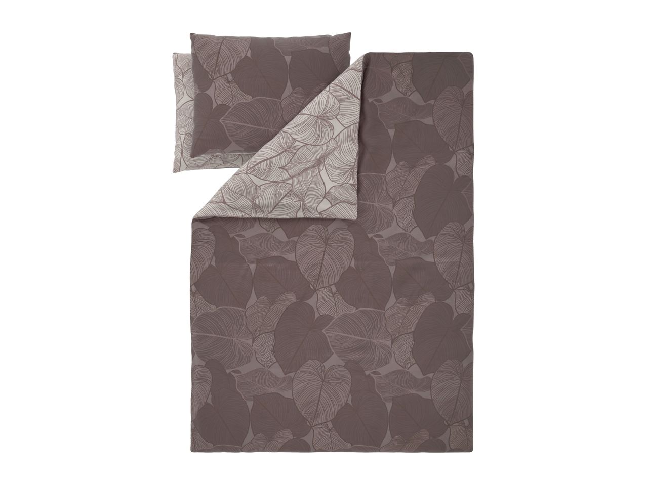 Reversible bedding set with a brown and beige leaf pattern, including a duvet cover and pillowcases.
