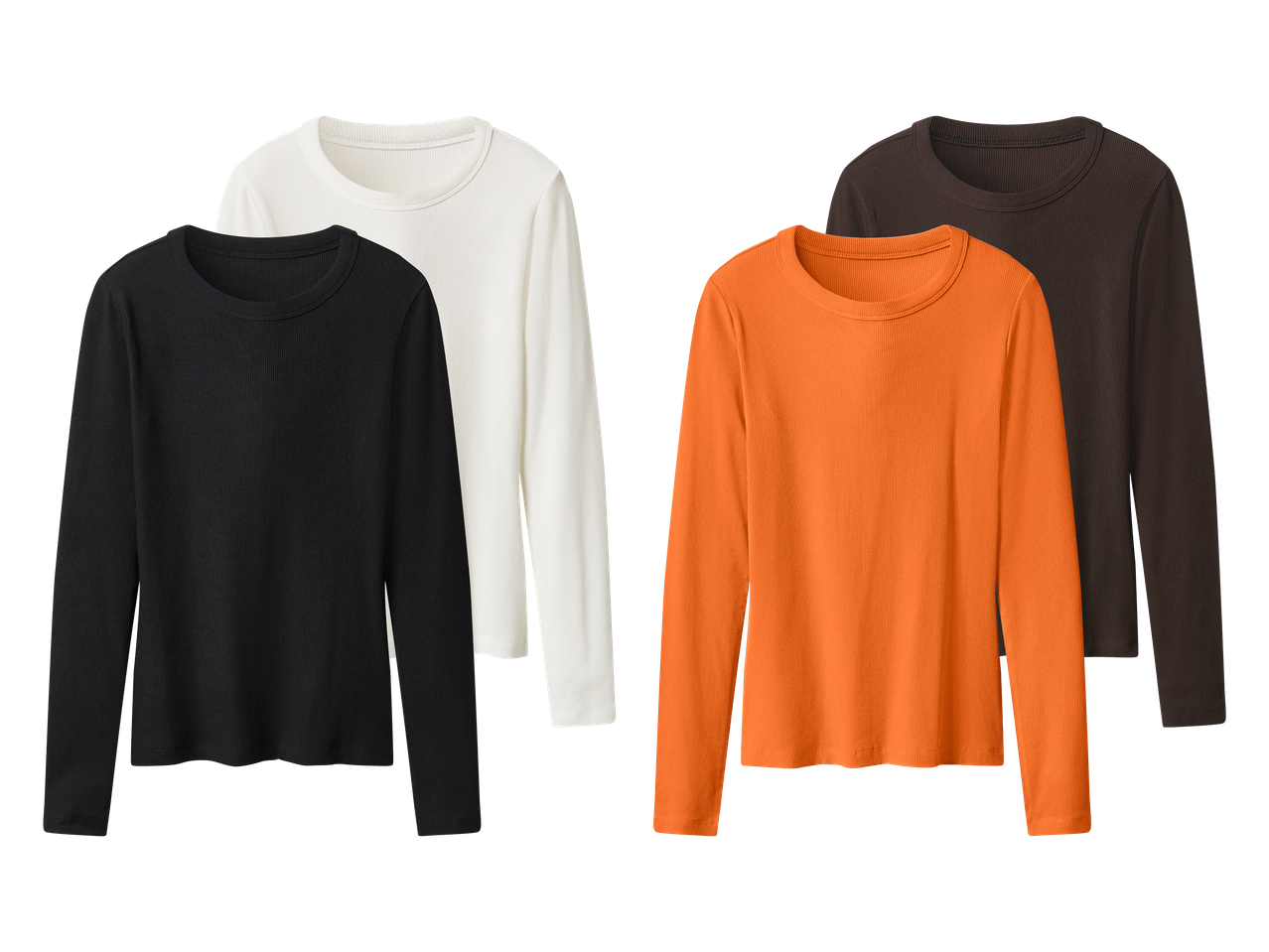 Četiri rebraste majice dugih rukava u crnoj, bijeloj, narančastoj i smeđoj boji.