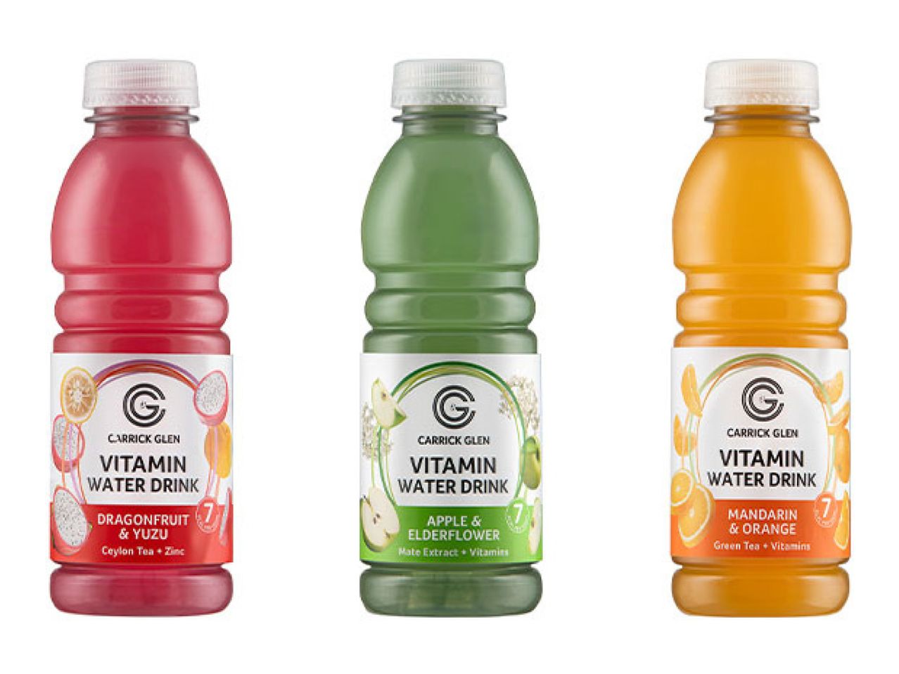 Three vitamin water drinks in red (dragonfruit & yuzu), green (apple & elderflower), and orange (mandarin & orange) flavors.