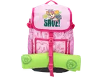 Mochila rosa com motivo de cachorro e texto 'WE'VE GOT DINOS TO SAVE!', com cobertor verde enrolado.