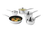 Stainless steel cookware set with frying pan and saucepans, some with food inside.
