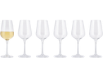 Seis taças de champanhe, uma cheia de vinho branco e cinco vazias, sobre fundo preto.