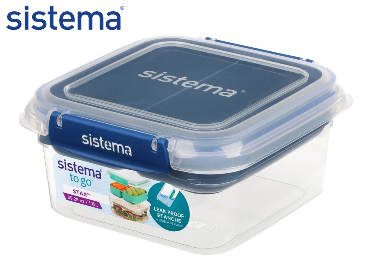 Clear plastic food storage container with a blue lid and locking clips.