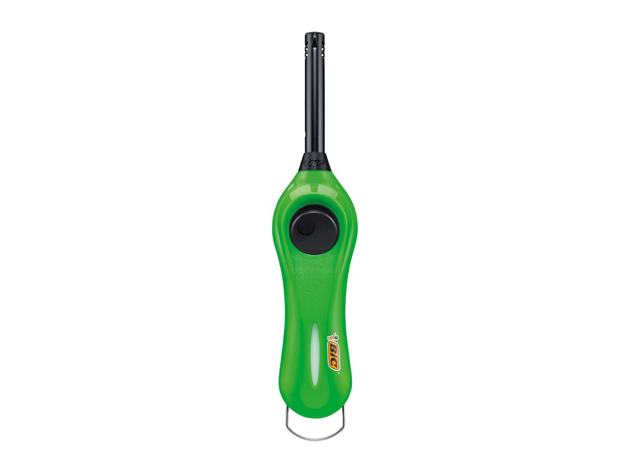 Green utility lighter with a black top and a black ignition button.