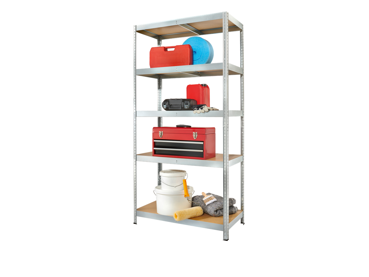 A metal shelving unit holds various tools and supplies, including paint buckets, a toolbox, and fuel containers.