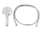 Chrome shower head with a flexible metal hose on a white background.