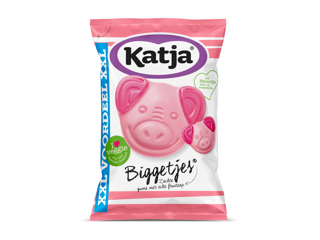 Roze snoepjes in de vorm van varkenshoofden in een witte verpakking met roze strepen.