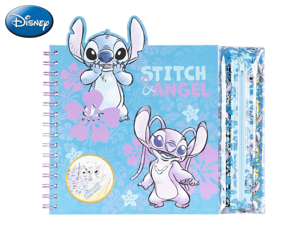 Blue spiral notebook with Stitch and Angel, and a matching pencil case.