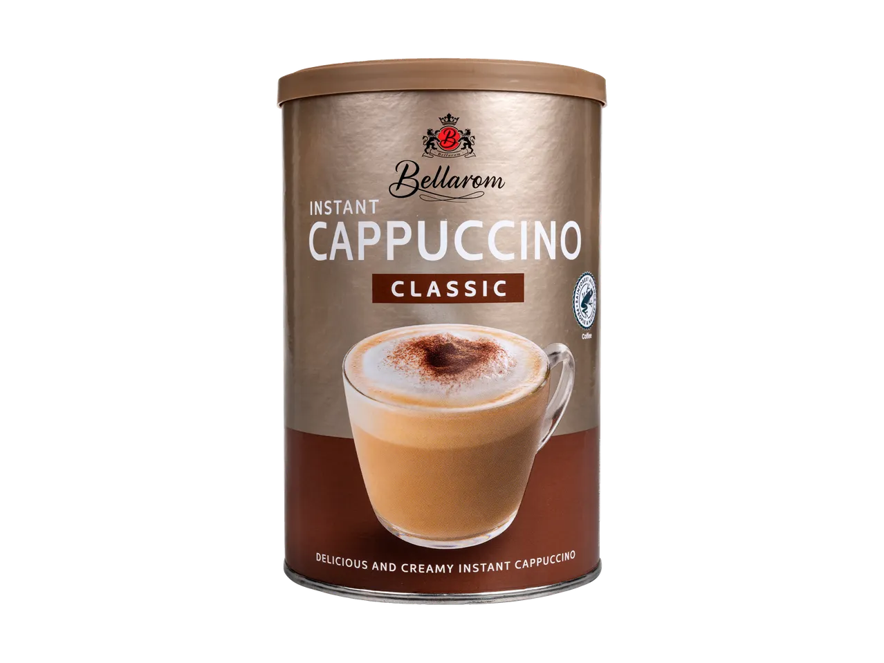 Pudră de cappuccino instant Bellarom Classic într-o cutie cu imaginea unei cești de cappuccino