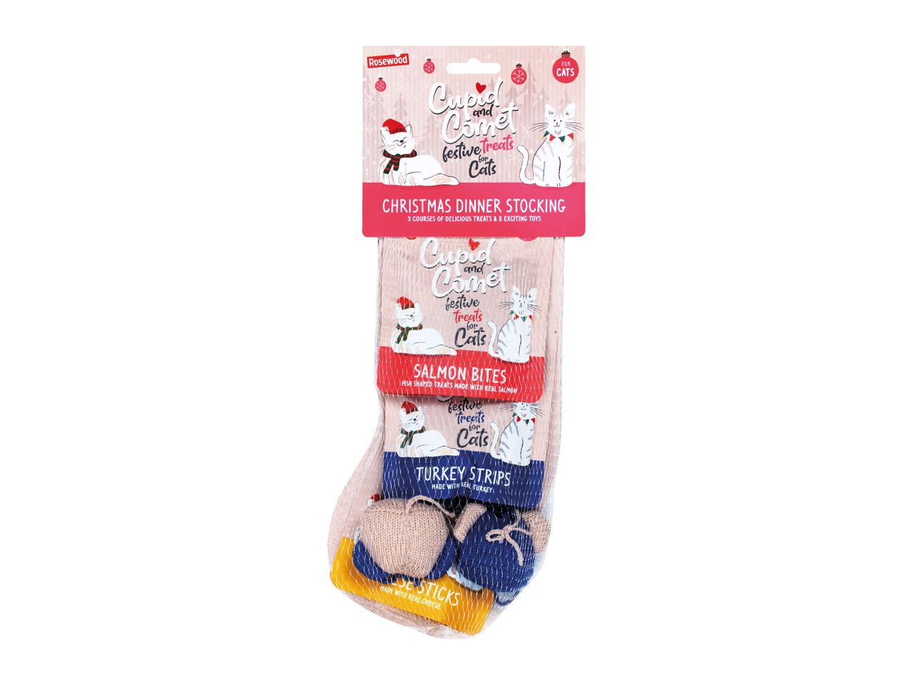 Rosewood Cupid & Comet Christmas Dinner Stocking for cats with salmon, turkey, and cheese treats.