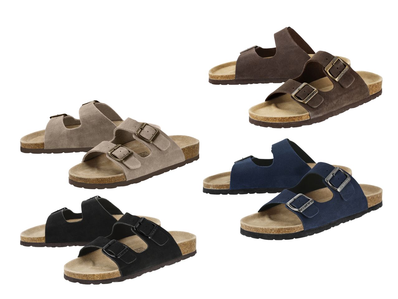 Mehrere Paare von Sandalen in verschiedenen Farben: braun, beige, schwarz und blau.