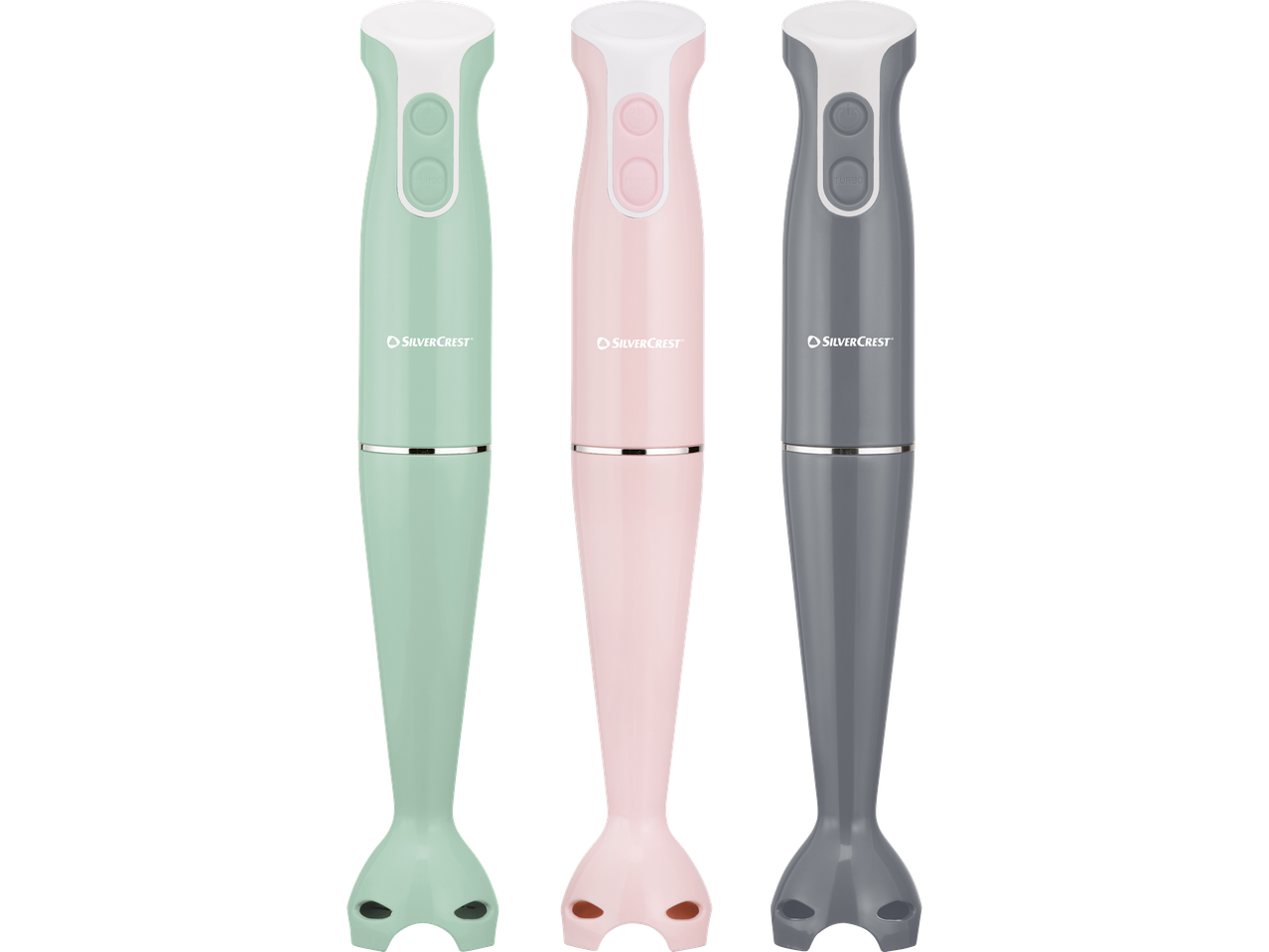 Tre stavmixrar i mintgrön, rosa och grå färg med SilverCrest-logotyp.