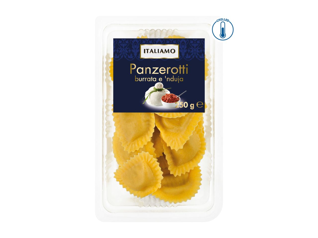 Chilled panzerotti pasta with burrata and 'nduja filling in a clear plastic tray