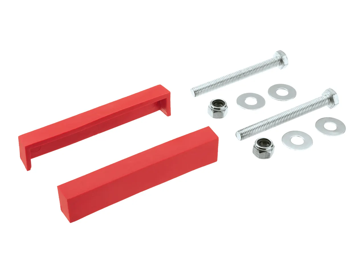 Two red plastic handles with two bolts, nuts, and washers.