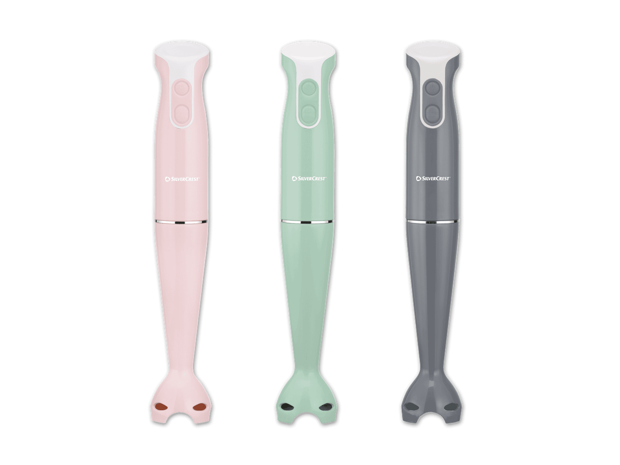 Drei SilverCrest Stabmixer in Rosa, Mintgrün und Grau.