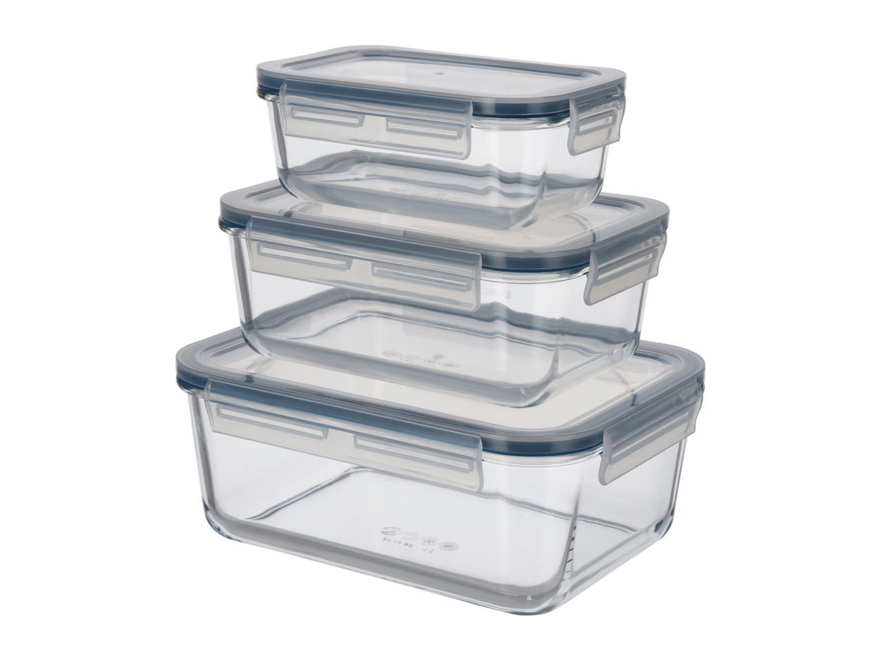 Stack of three rectangular glass food storage containers with blue-grey locking lids.