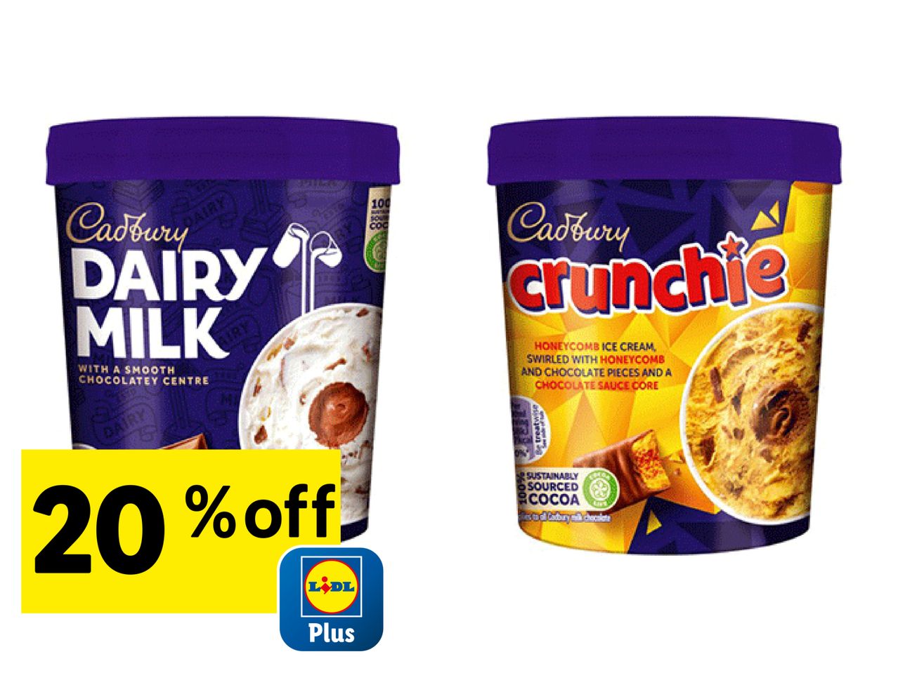 Lidl Plus offers 20% off Cadbury Dairy Milk and Cadbury Crunchie ice cream tubs.