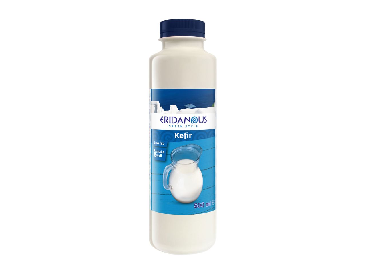 Eridanous Greek Style Kefir, a low-fat kefir drink in a 500ml bottle.