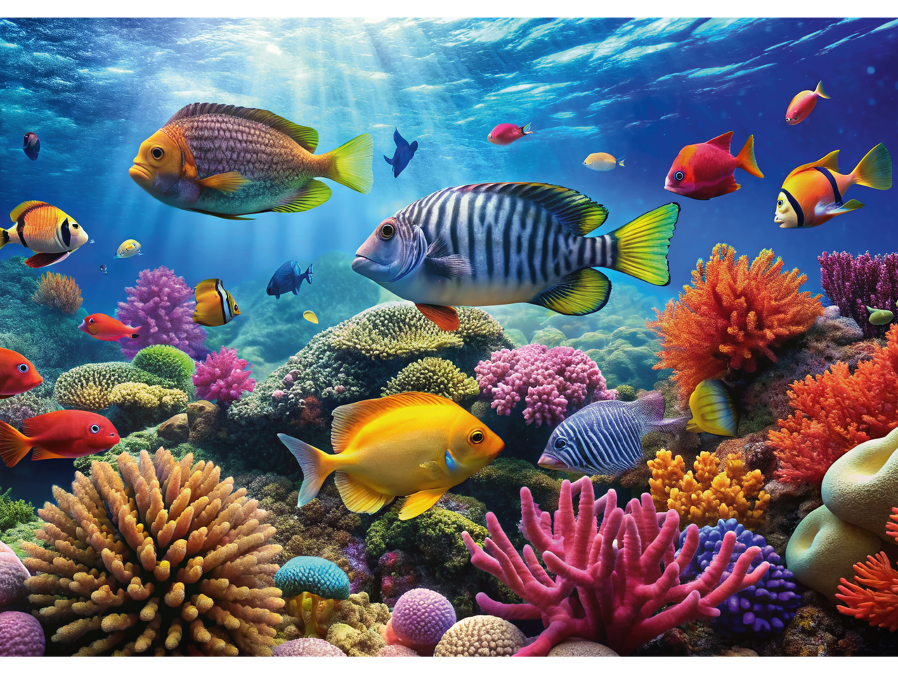 Spilgta zemūdens aina ar krāsainām zivīm un koraļļiem, ideāli piemērota Lupilu puzlei.