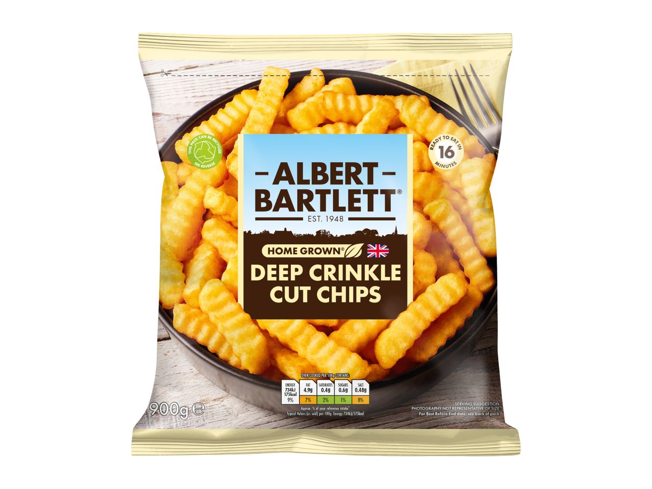 Frozen deep crinkle cut chips in a bag, ready to eat in 16 minutes.