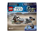 A Star Wars building toy set featuring a Mandalorian and Grogu on a Speeder Bike, 58 pieces.