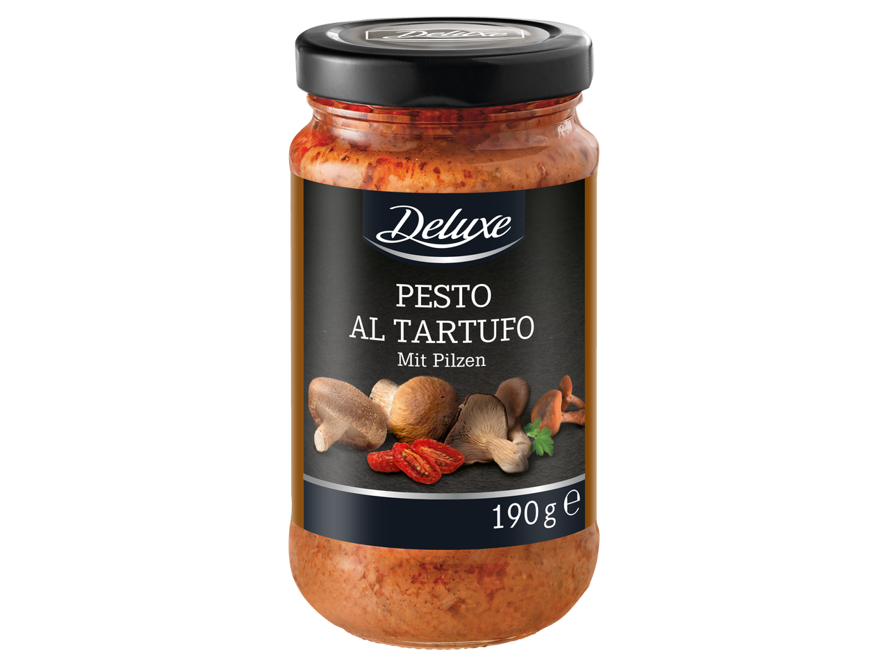 Deluxe Pesto al Tartufo mit Pilzen im Glas.