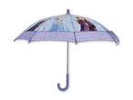 Ein lila Regenschirm mit Elsa- und Anna-Motiven aus Disneys 'Die Eiskönigin'.