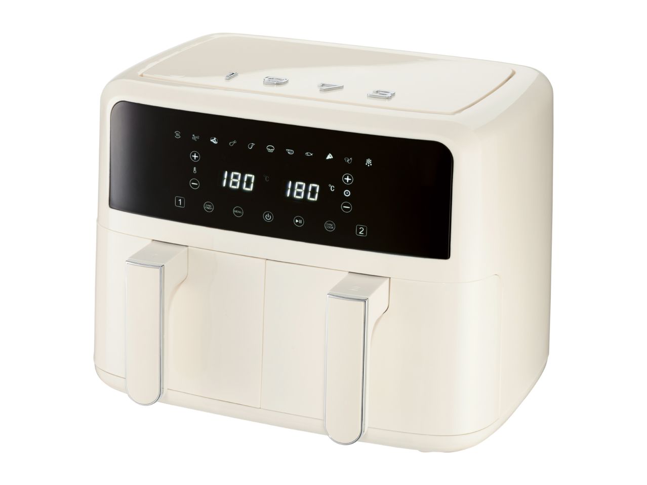 Cream-colored dual-basket air fryer with digital display showing 180°C
