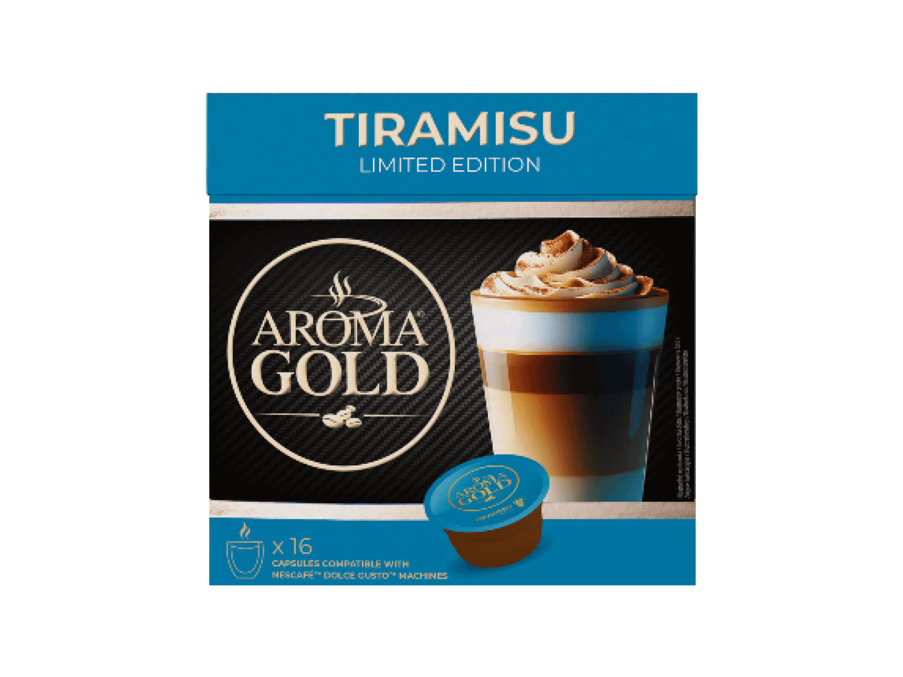 Aroma Gold Tiramisu Limited Edition kohvikapslid ja tass tiramisu kohviga.
