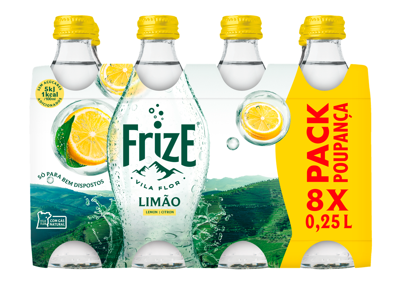 Frize Água com Gás de Limão pack de 8, garrafas de 0,25L, sem açúcares adicionados, 1kcal/100ml.