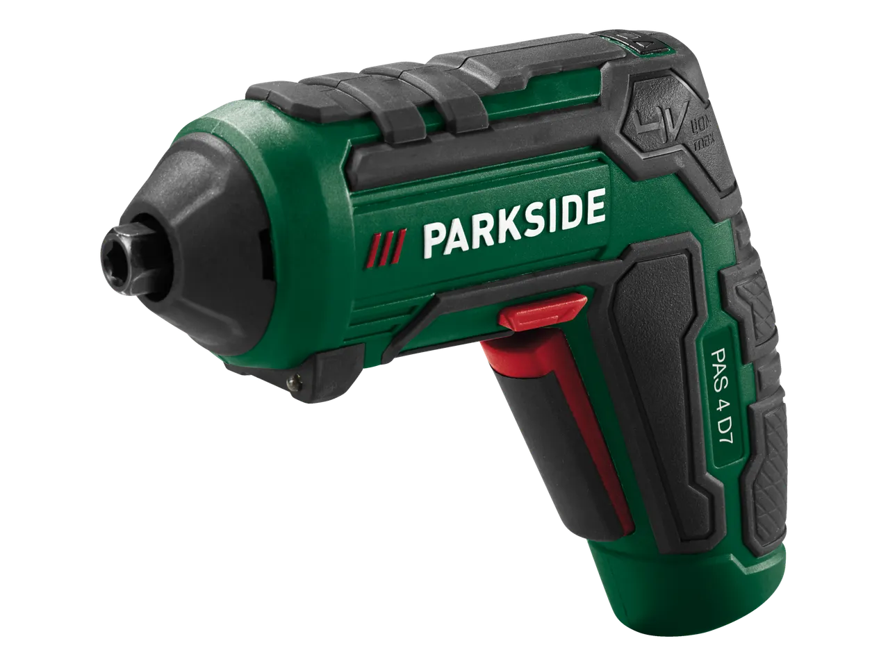 Zöld-fekete akkus csavarhúzó piros ravaszsal és PAS 4 D7 felirattal.