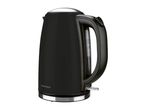 A black electric kettle with a stainless steel base.