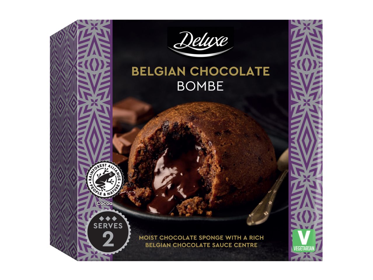 A box of Belgian chocolate bombe, a moist chocolate sponge with a rich chocolate sauce centre.